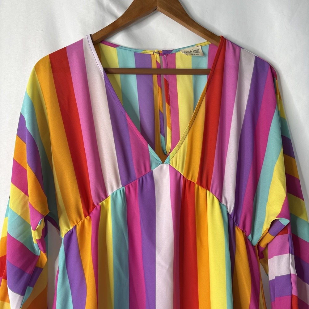 Peach Love California M Rainbow Stripe Dress Boho Retro Mini V-neck Ruffle USA - Picture 3 of 7